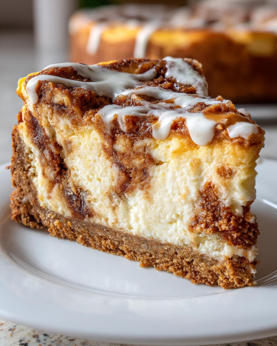 A thick slice of cinnamon roll cheesecake with a graham cracker crust and cream cheese frosting drizzle.