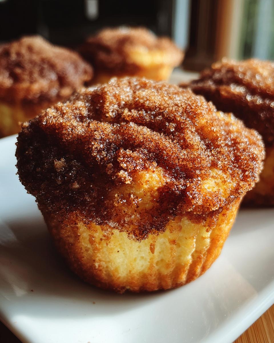 A close-up of a golden-brown cinnamon sugar french toast muffins, heavily coated in sparkling cinnamon sugar topping.