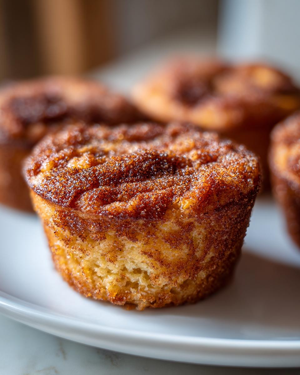A close-up of a golden brown cinnamon sugar french toast muffins, heavily coated in cinnamon sugar.
