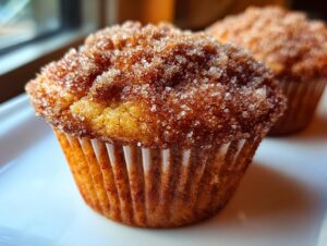 Close-up of a freshly baked cinnamon sugar french toast muffins topped with sparkling cinnamon sugar crystals.