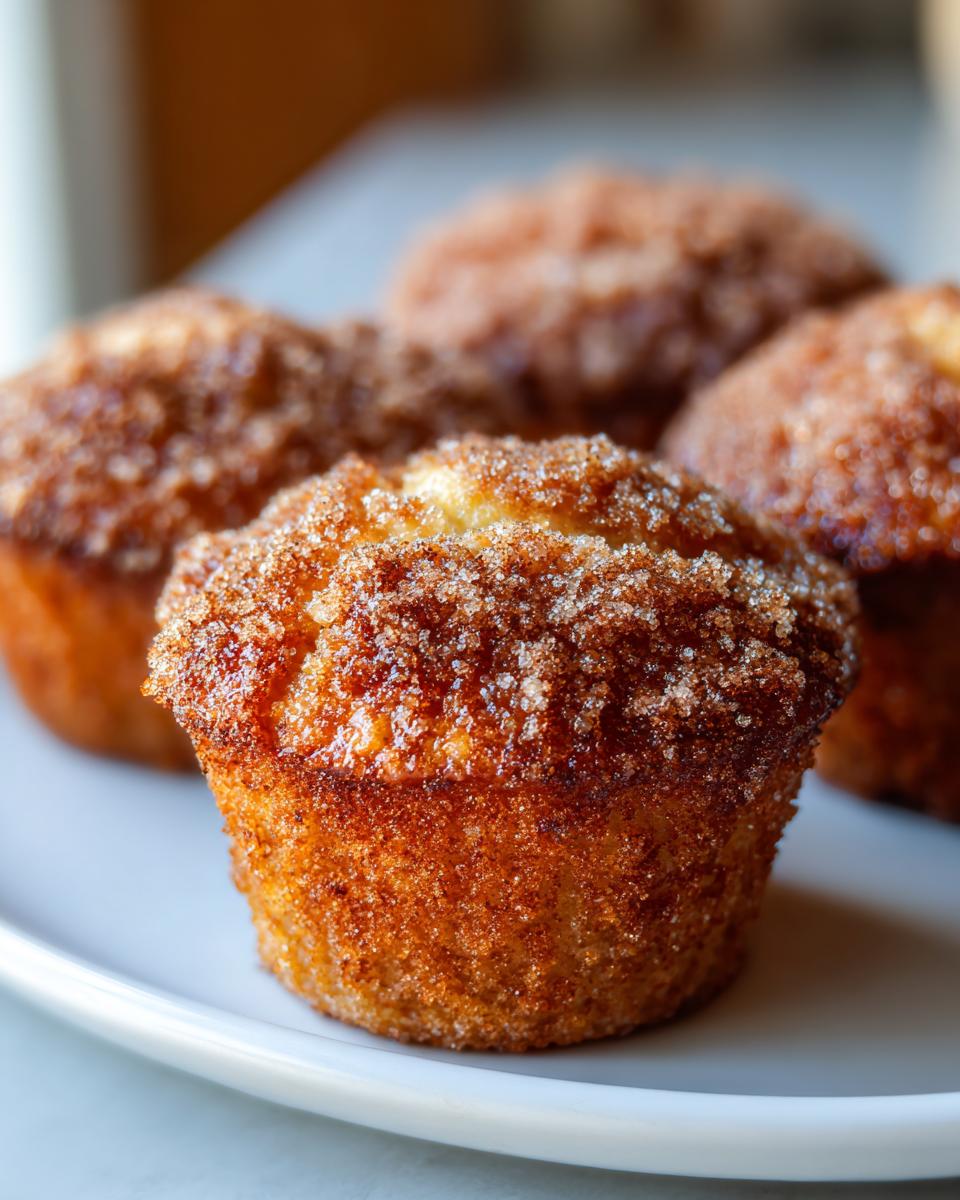 A close-up of freshly baked cinnamon sugar french toast muffins, heavily coated in sparkling cinnamon sugar crystals.