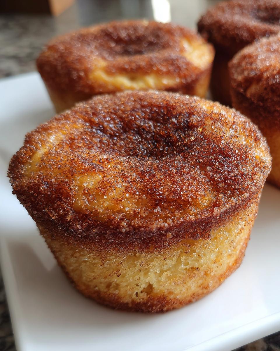 Close-up of a freshly baked cinnamon sugar french toast muffins topped with coarse cinnamon sugar crystals.