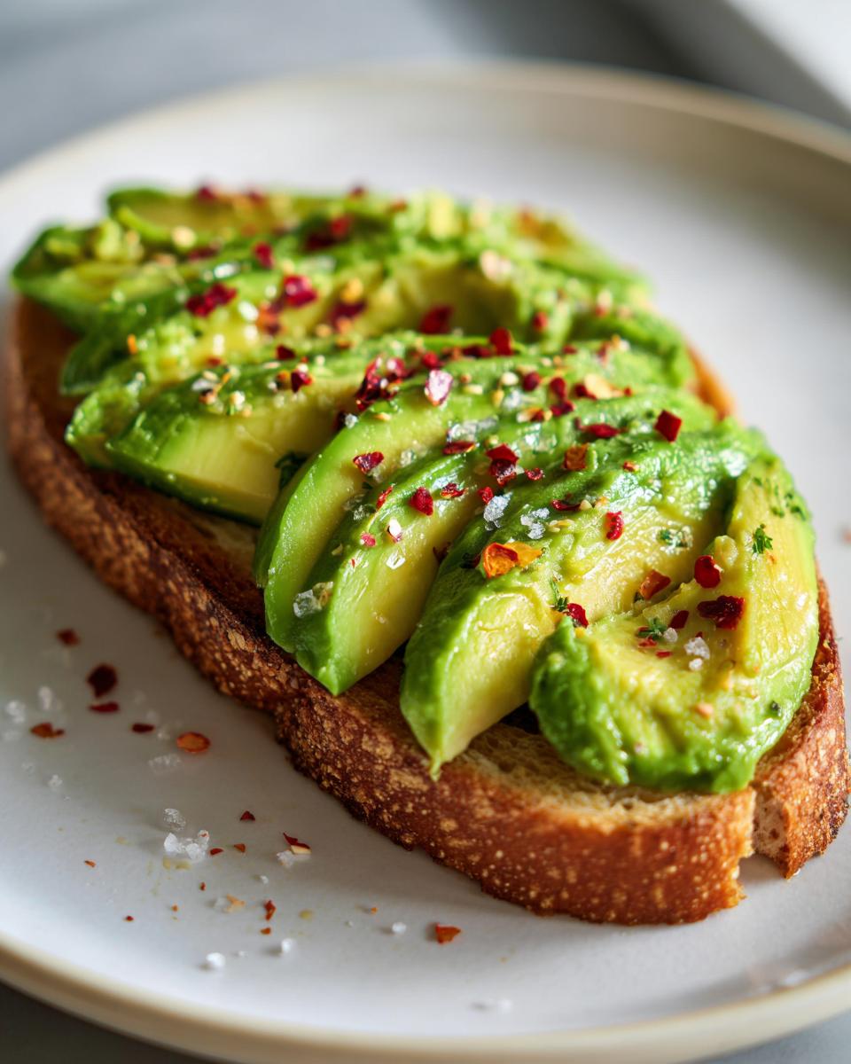 Close-up of a slice of toasted bread topped with perfectly fanned avocado slices for avocado toast.