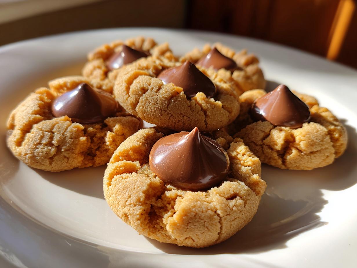 A plate featuring five golden brown peanut butter blossoms cookies topped with shiny chocolate kisses.