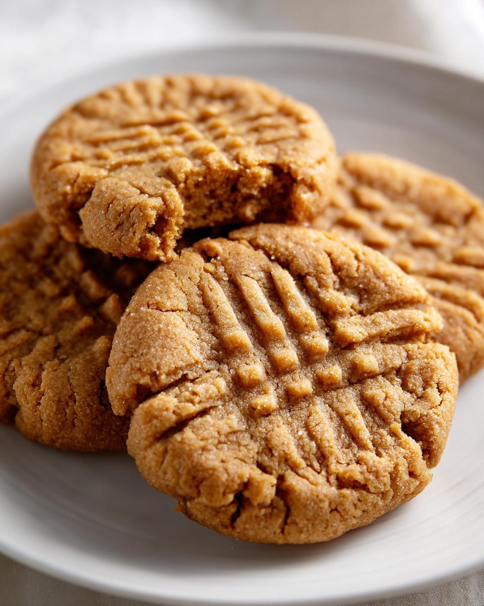 Close-up of several golden brown peanut butter cookies with classic crosshatch fork marks on a white plate.