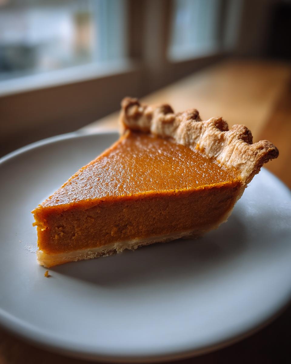 A perfect slice of classic pumpkin pie recipe with a flaky crust served on a light blue plate.