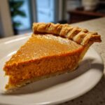 A close-up of a thick slice of classic pumpkin pie recipe on a white plate, showing the rich orange filling and crimped crust.