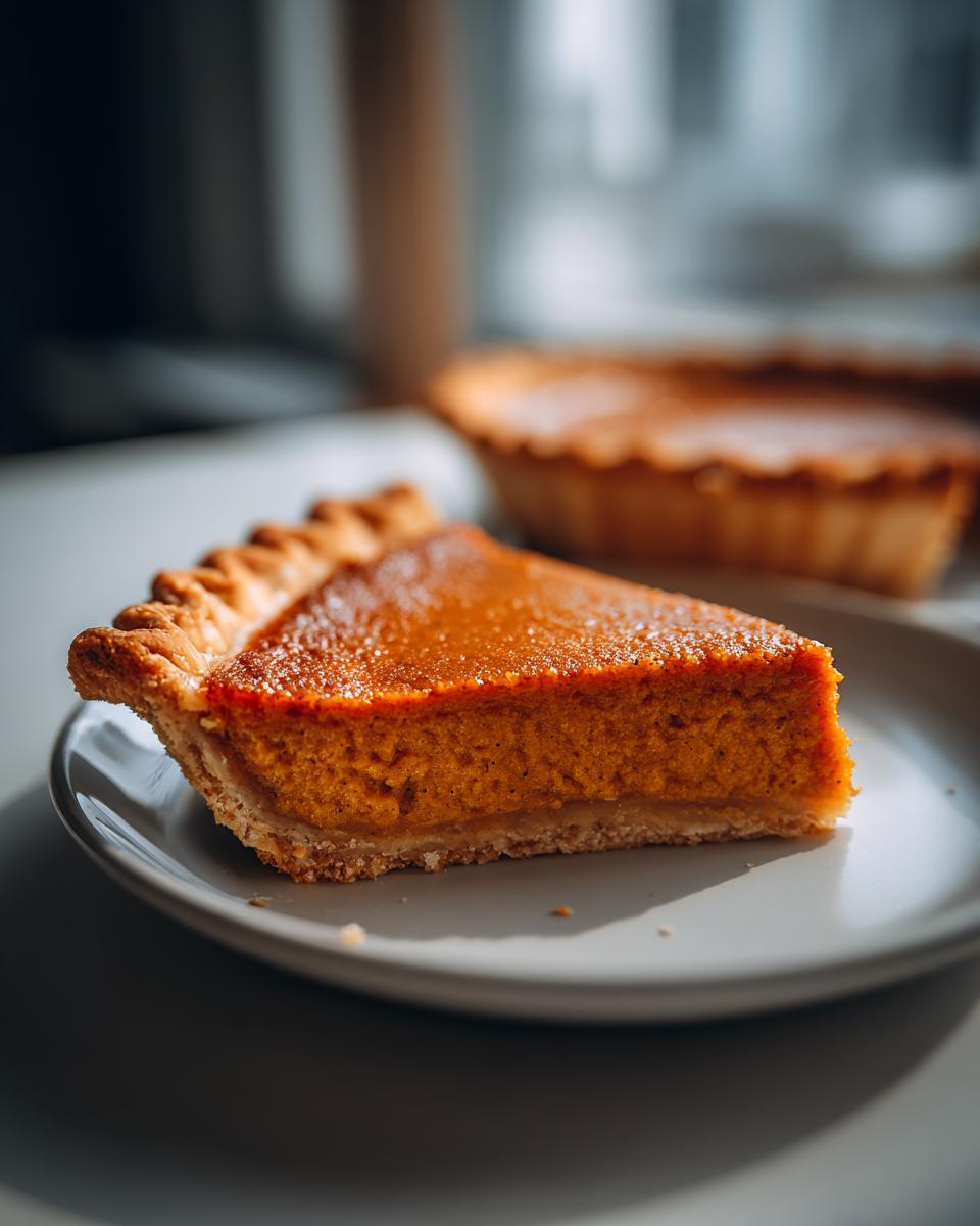 A close-up slice of rich, orange classic pumpkin pie recipe on a light plate.