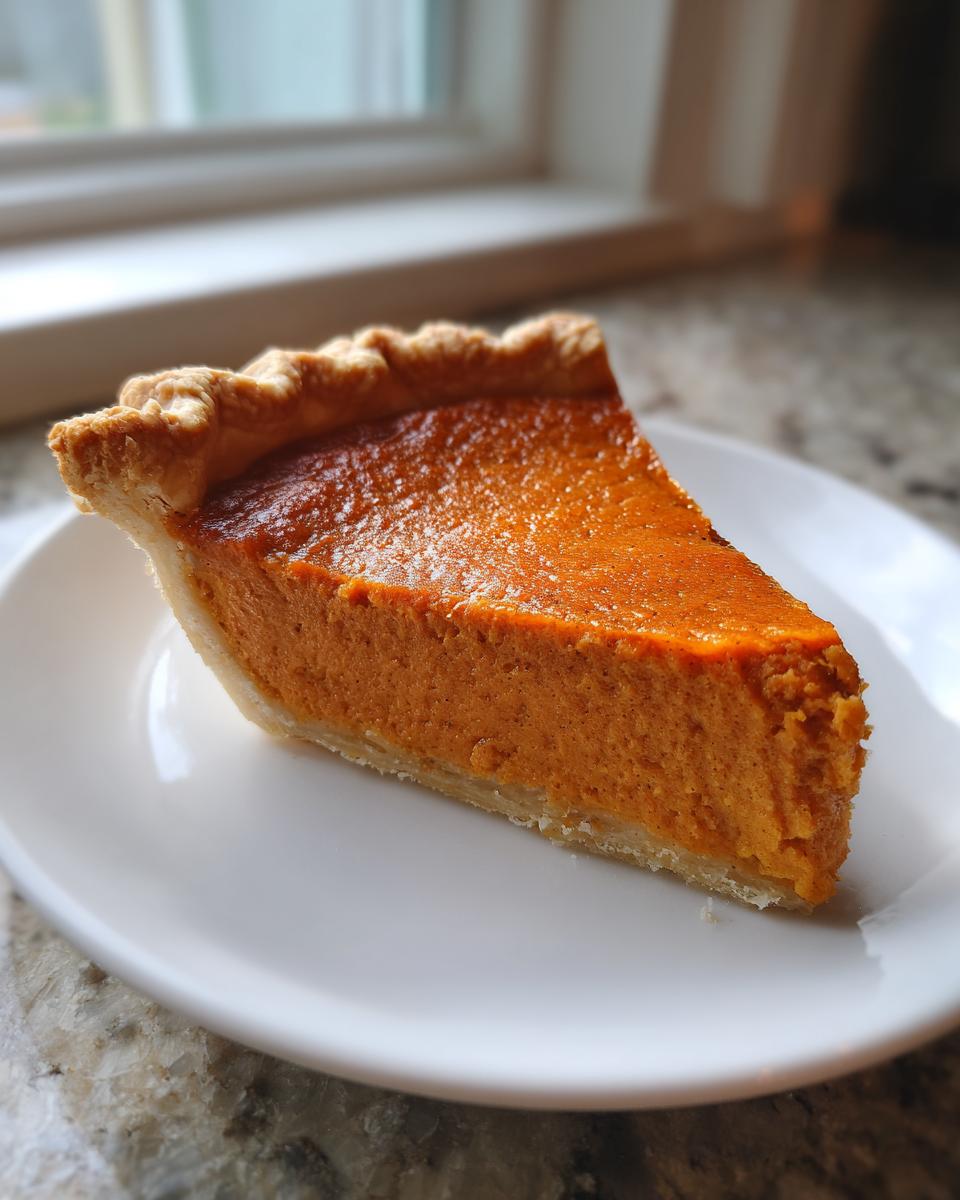 A perfect slice of classic pumpkin pie recipe with a flaky crust, served on a white plate.