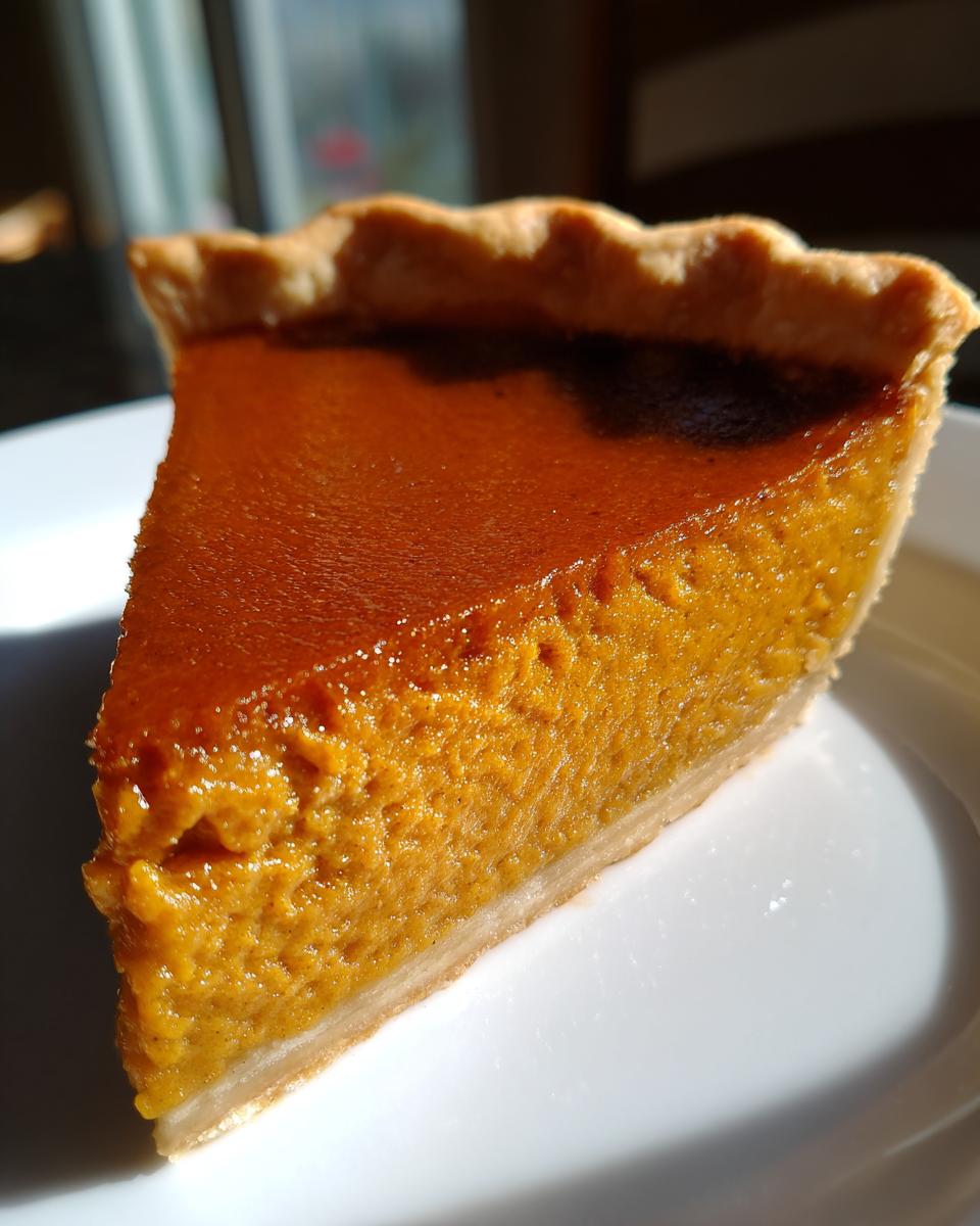 Close-up of a perfect slice of classic pumpkin pie recipe on a white plate, showing rich orange filling.