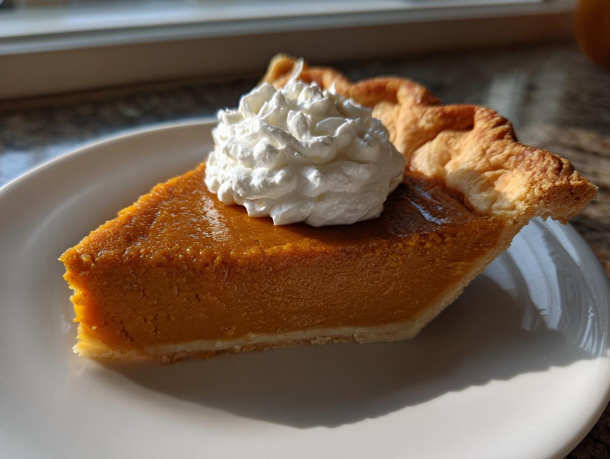 A perfect slice of classic pumpkin pie topped with a dollop of whipped cream on a white plate.