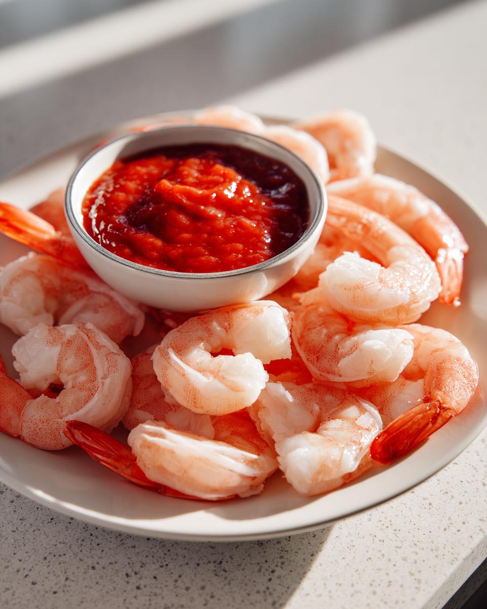 A plate piled high with cooked, chilled shrimp surrounding a small bowl of bright red shrimp cocktail sauce.