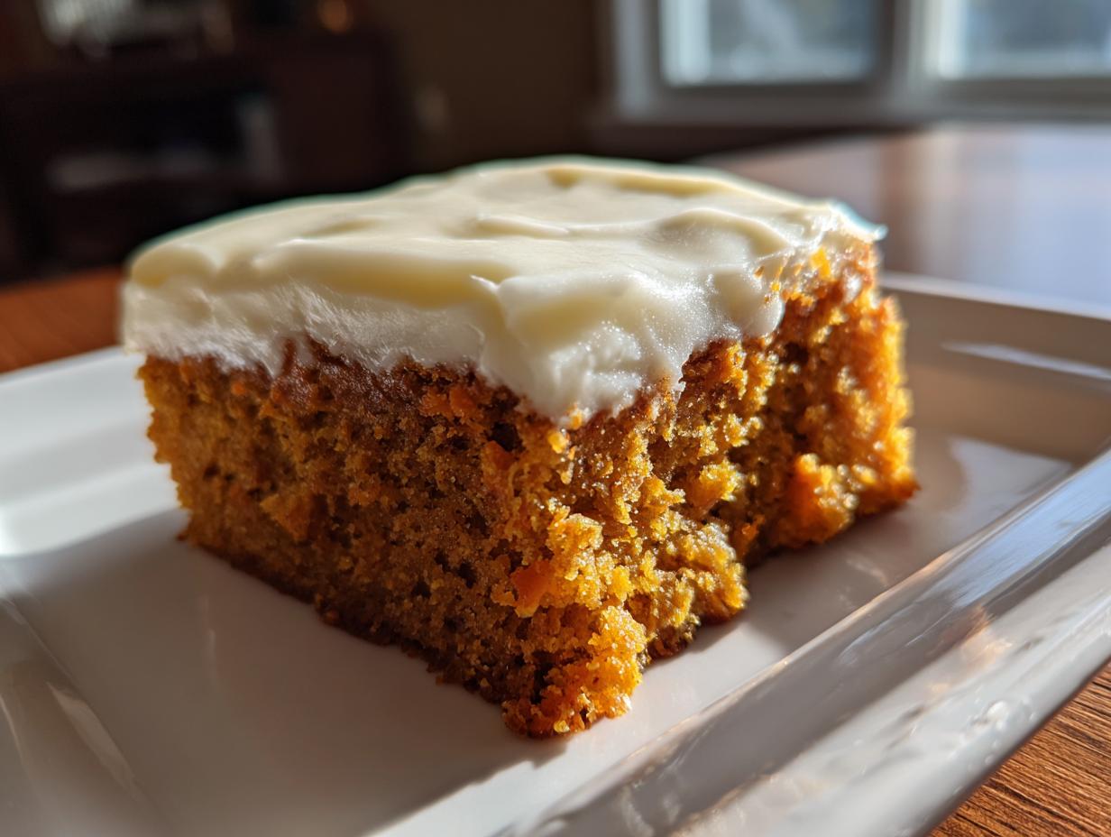 A close-up, sunlit view of a single square of moist carrot cake bars topped with thick cream cheese frosting.