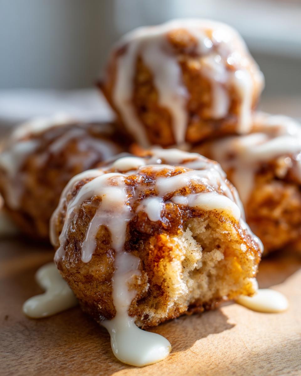 A close-up of a soft, baked cinnamon roll bites with thick white icing dripping down the sides.
