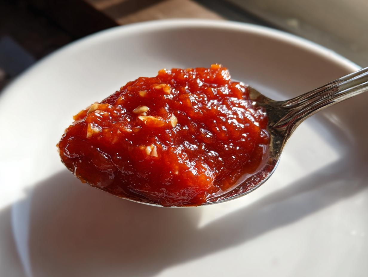 A spoonful of vibrant, chunky homemade pizza sauce featuring visible bits of garlic, ready to use.