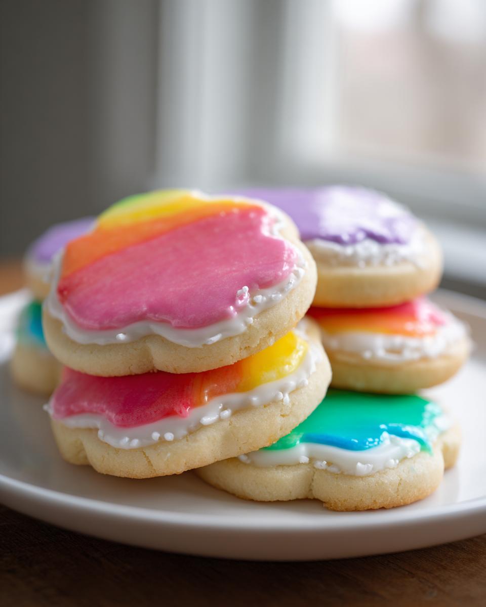 A stack of cloud-shaped sugar cookies decorated with vibrant, smooth cookie icing in rainbow colors.