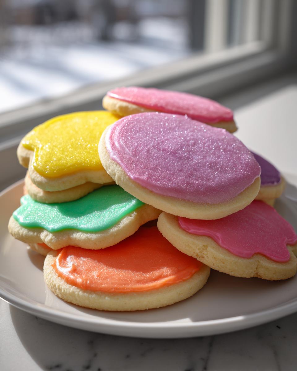 A stack of sugar cookies topped with brightly colored, smooth cookie icing recipe frosting near a window.