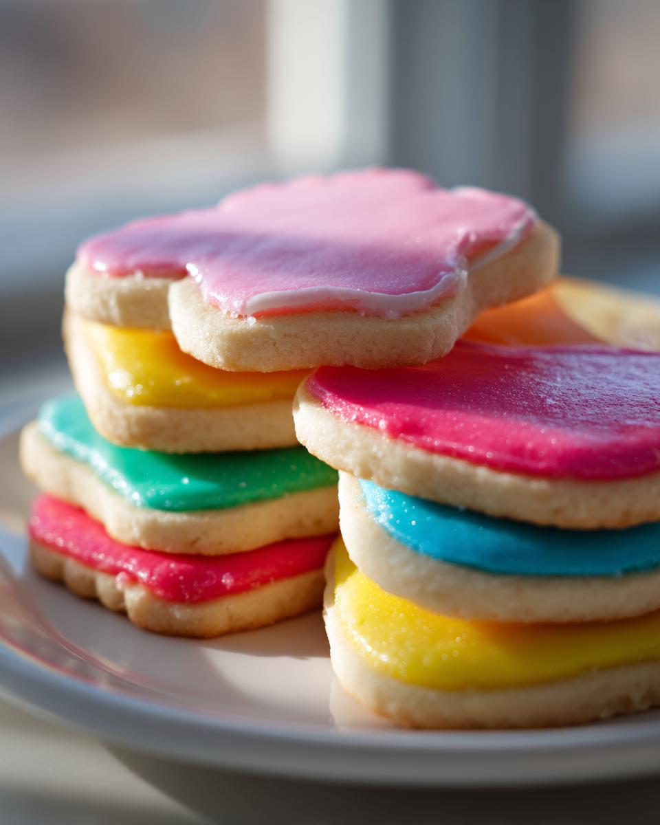Stack of sugar cookies topped with brightly colored, smooth cookie icing recipe frosting in pink, yellow, green, and blue.