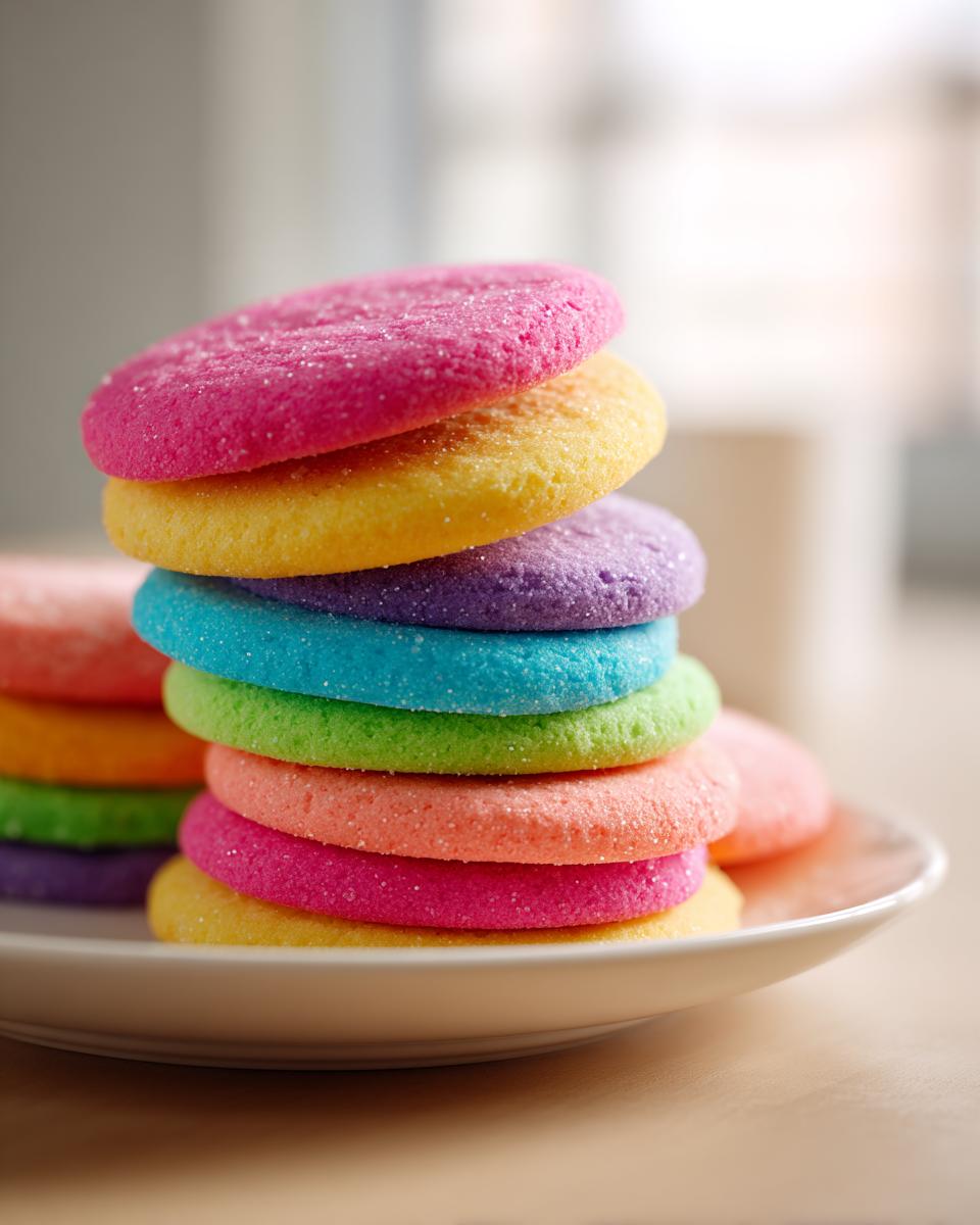 Stack of brightly colored sugar cookies, ready for sugar cookie icing recipe application.