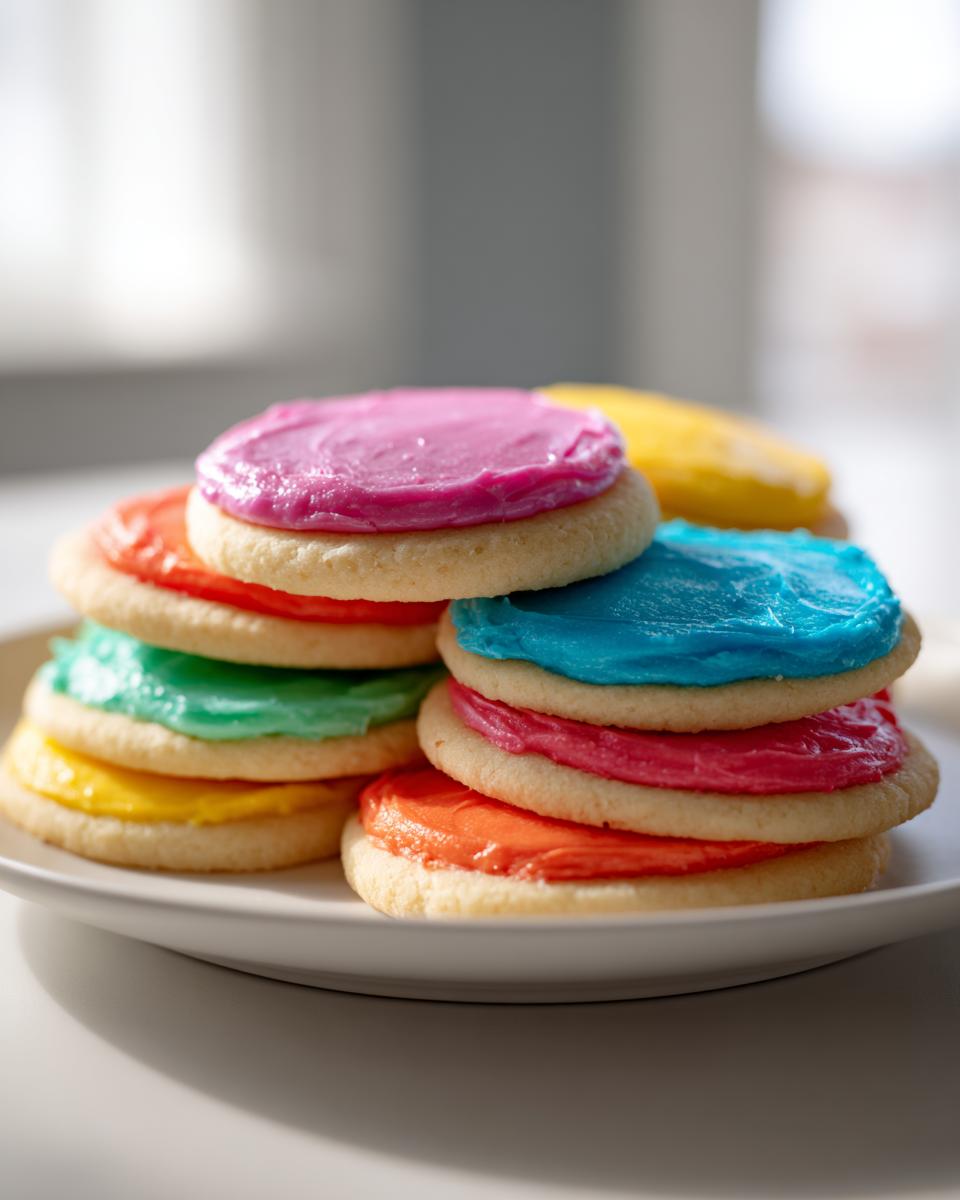 Stack of sugar cookies topped with vibrant, brightly colored frosting made from the sugar cookie icing recipe.