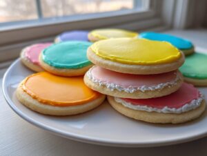 A plate of round sugar cookies topped with brightly colored, hardened sugar cookie icing recipe in yellow, pink, orange, and teal.