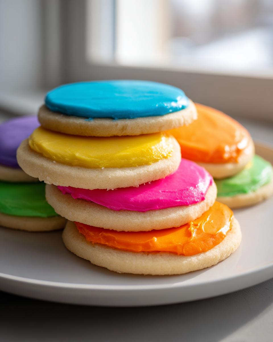 Stack of round sugar cookies topped with vibrant, brightly colored sugar cookie icing recipe in blue, yellow, pink, and orange.