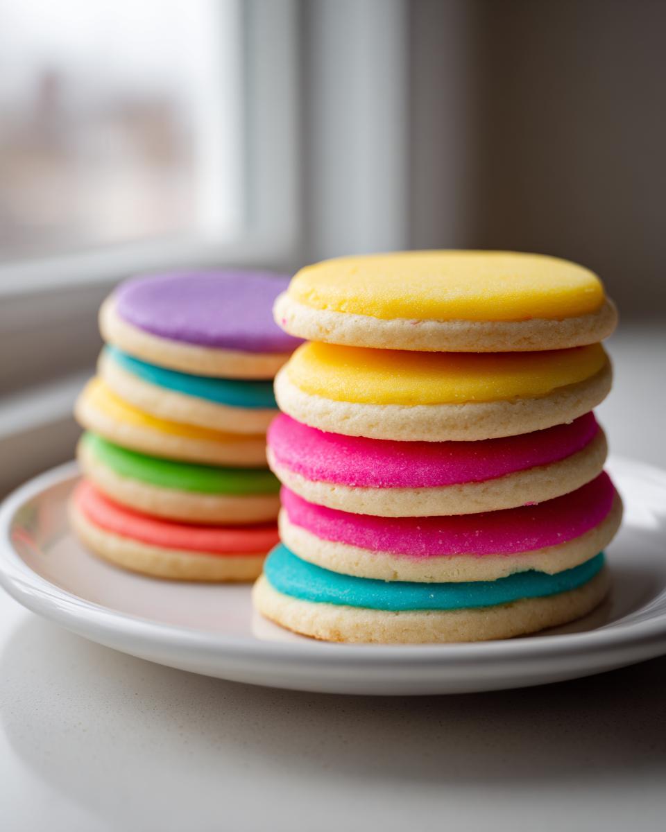Two stacks of round sugar cookies topped with brightly colored, hardened sugar cookie icing recipe layers.