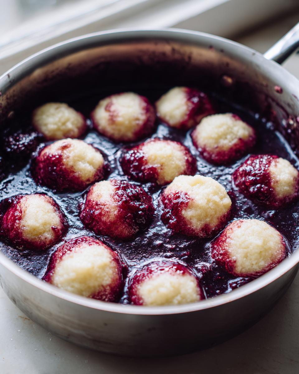 Close-up of light-colored Blackberry Dumplings simmering in a dark, rich blackberry sauce inside a metal pot.