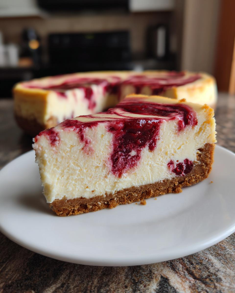 A perfect slice of cranberry orange cheesecake with a graham cracker crust and rich berry swirl.