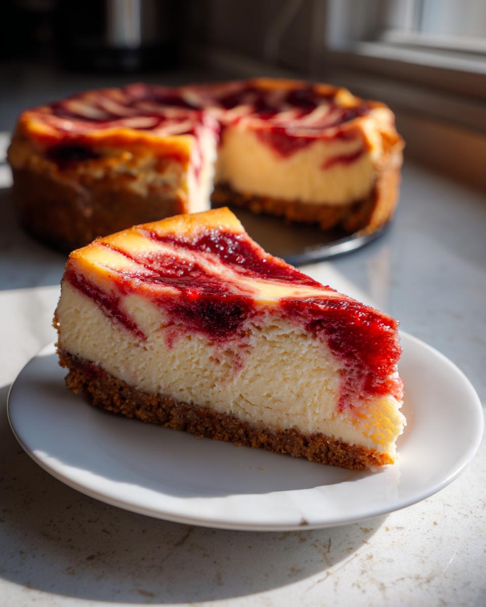 A close-up slice of rich cranberry orange cheesecake with a graham cracker crust, sitting on a white plate.