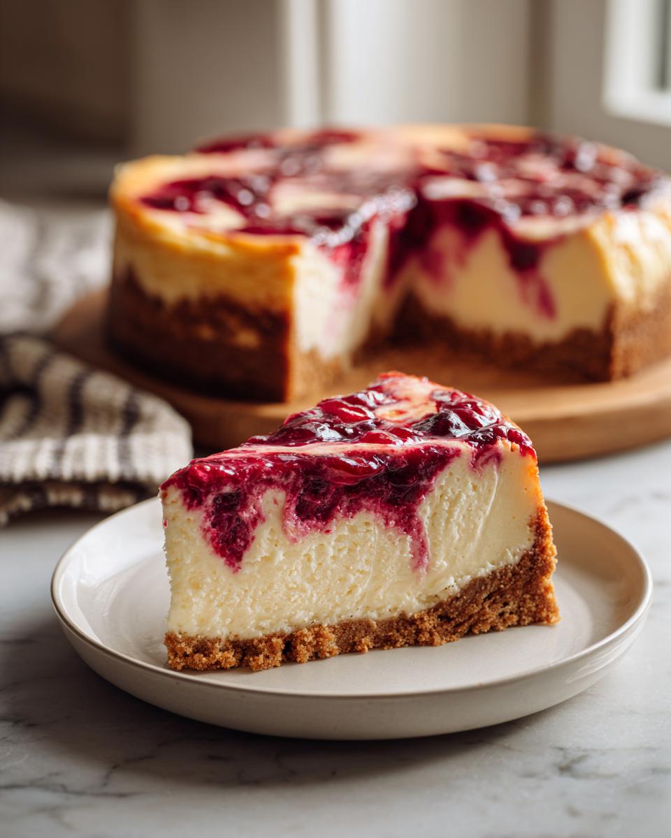 A perfect slice of creamy cranberry orange cheesecake with a graham cracker crust and rich berry swirl.