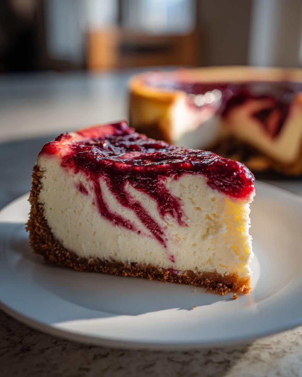 A close-up slice of creamy cranberry orange cheesecake with a graham cracker crust and berry swirl topping.