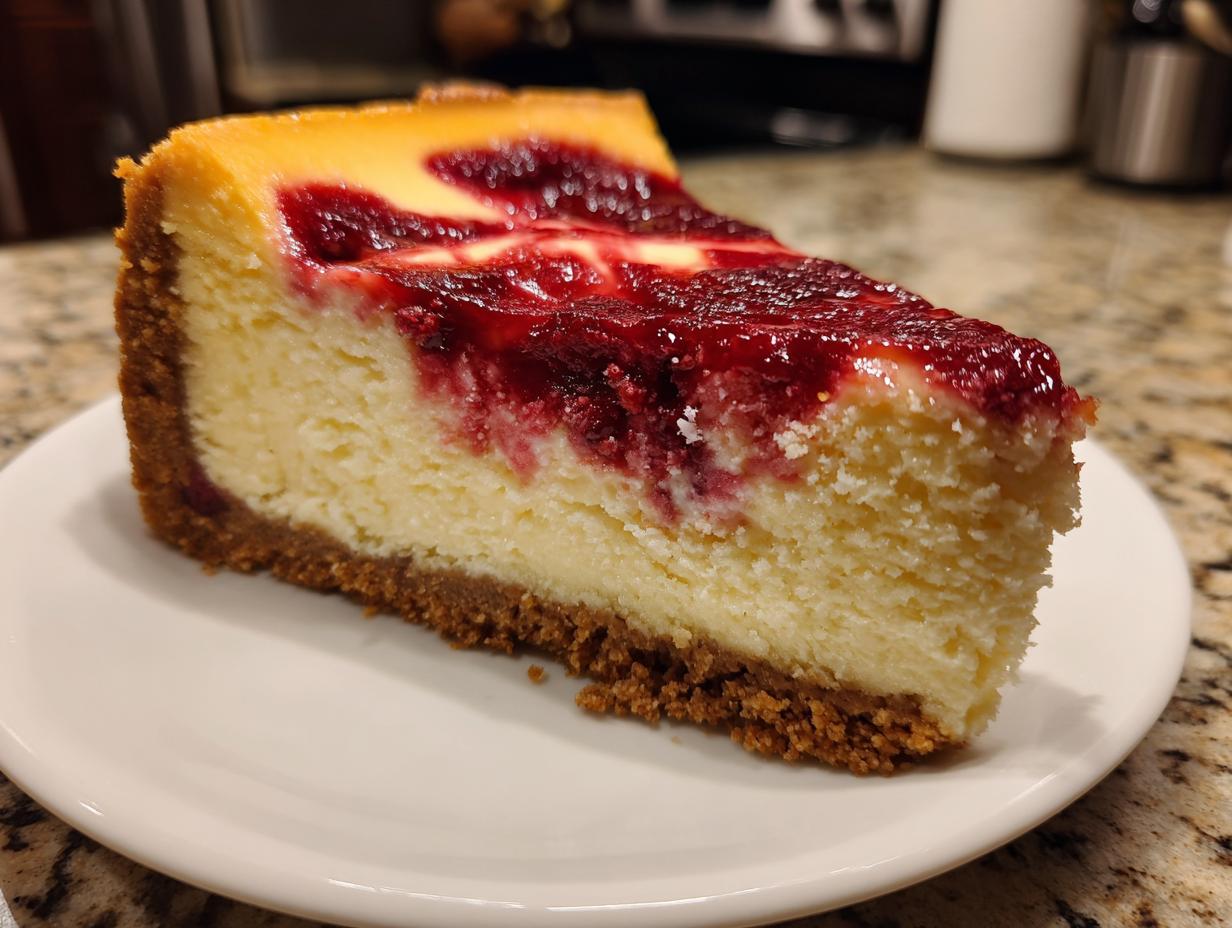 A close-up of a rich slice of cranberry orange cheesecake showing the graham cracker crust and bright red fruit swirl.