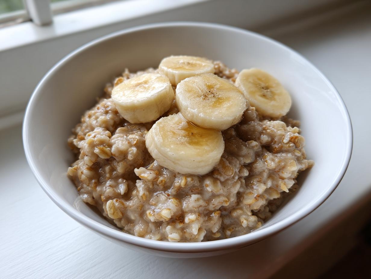 Close-up of a white bowl filled with creamy banana oatmeal, topped with four slices of fresh banana.