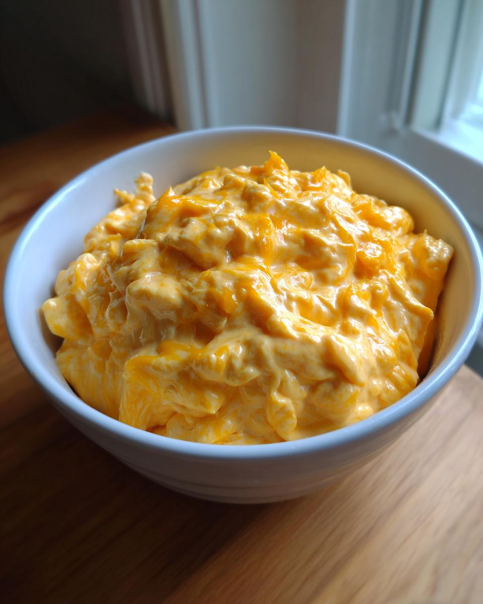 A close-up of thick, creamy, bright orange beer cheese dip served in a white bowl on a wooden surface.
