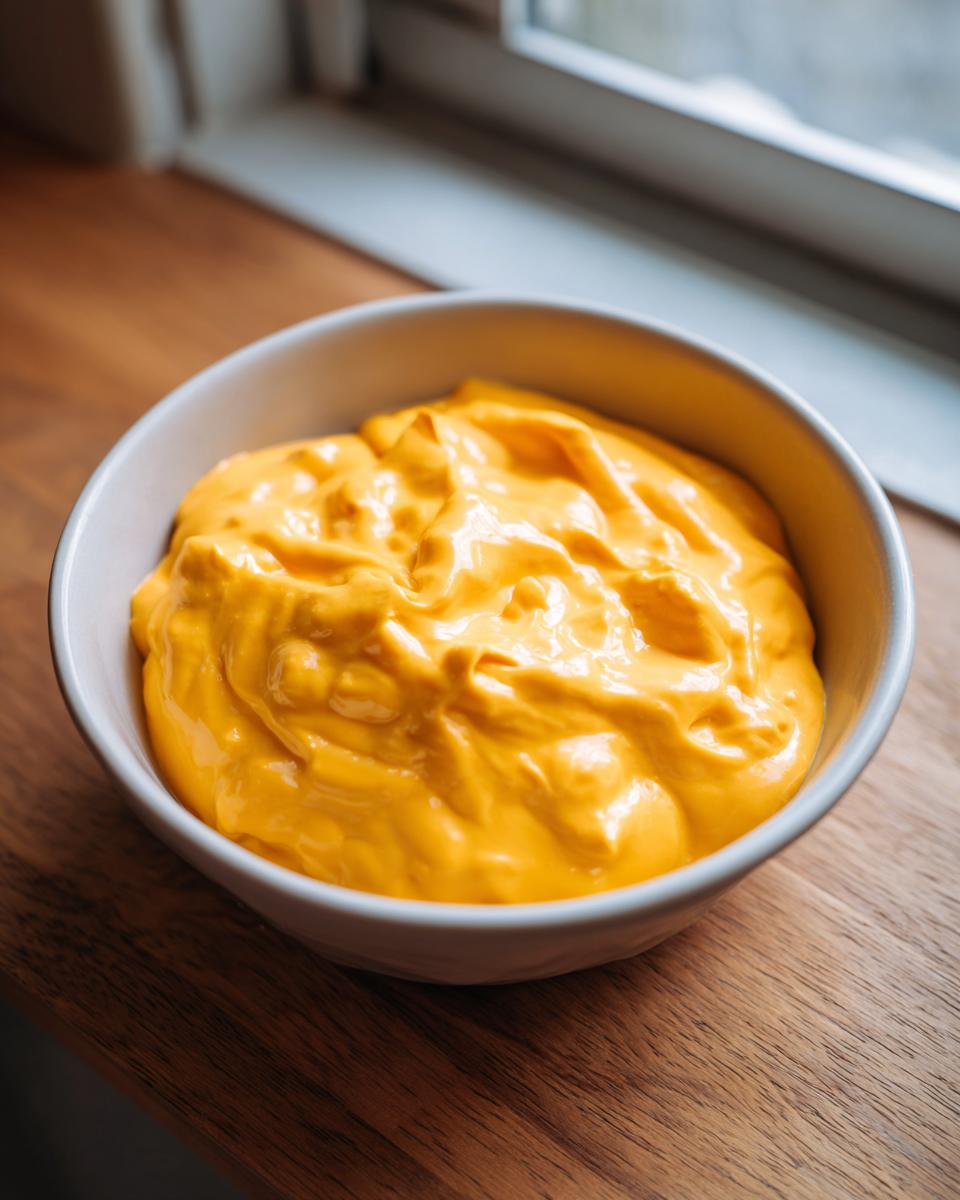 Close-up of a bowl filled with thick, bright orange beer cheese dip sitting on a wooden surface near a window.