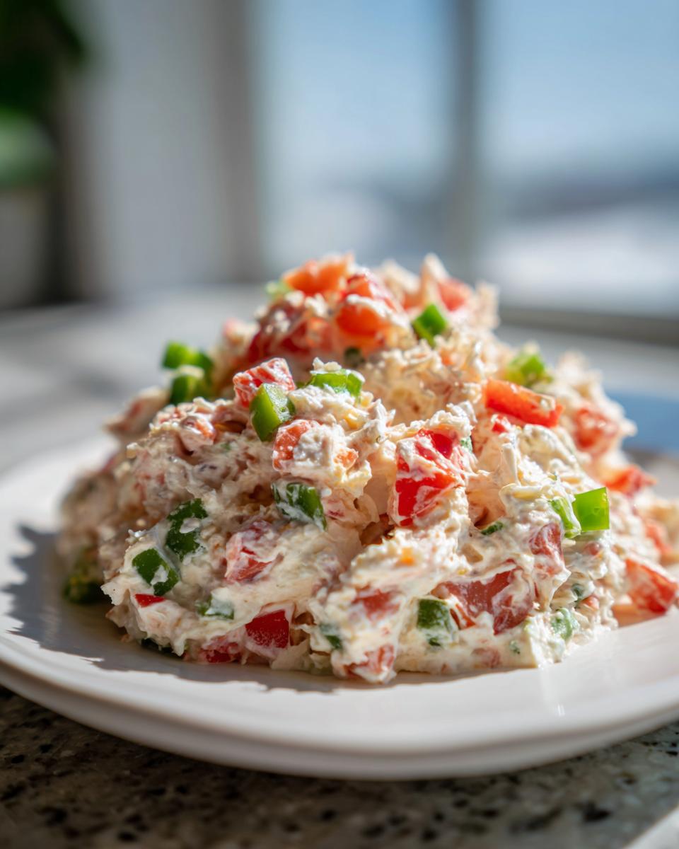 A mound of creamy boat dip mixed with diced red tomatoes and green peppers served on a white plate.