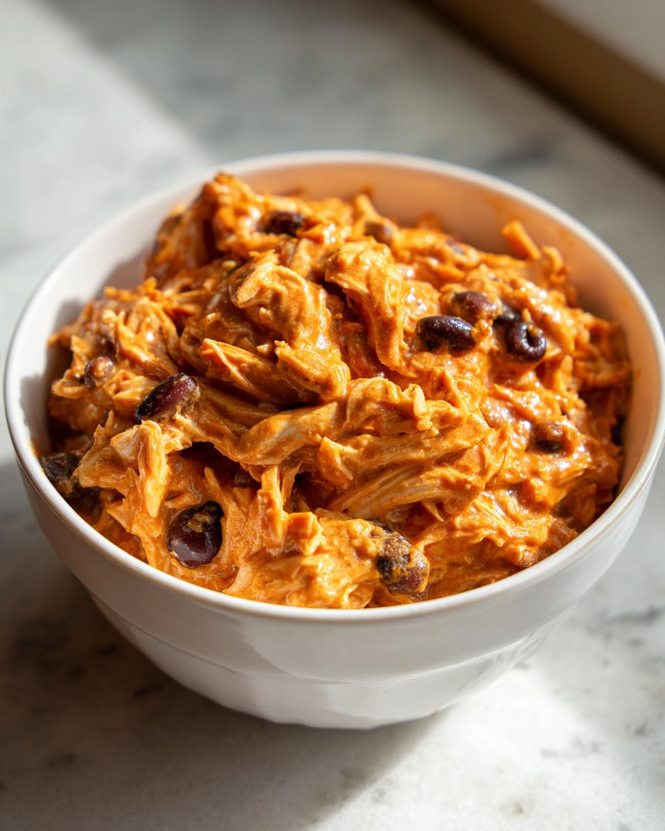 A white bowl filled with creamy, shredded chicken mixed with dark beans, characteristic of buffalo chicken chili.