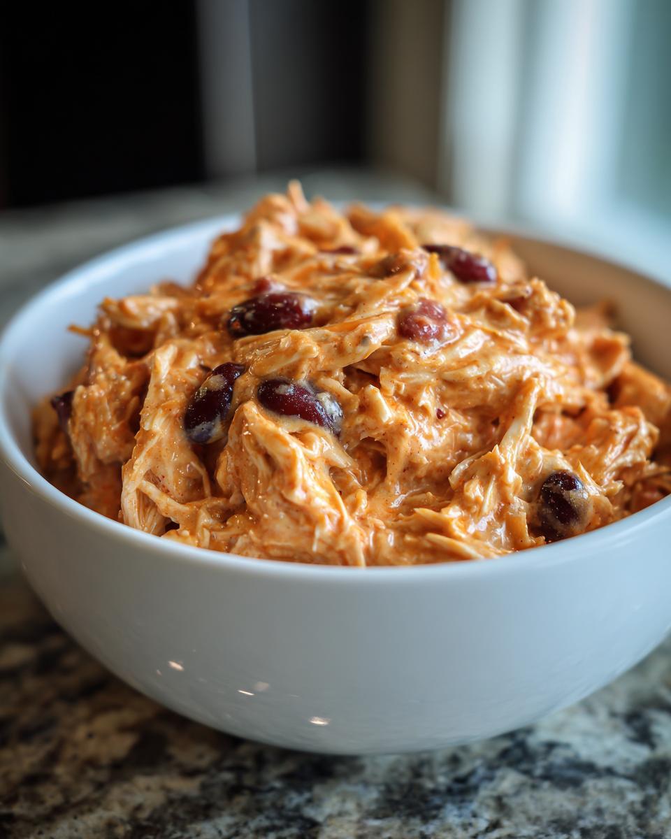 Close-up of creamy, shredded buffalo chicken chili with visible red kidney beans in a white bowl.