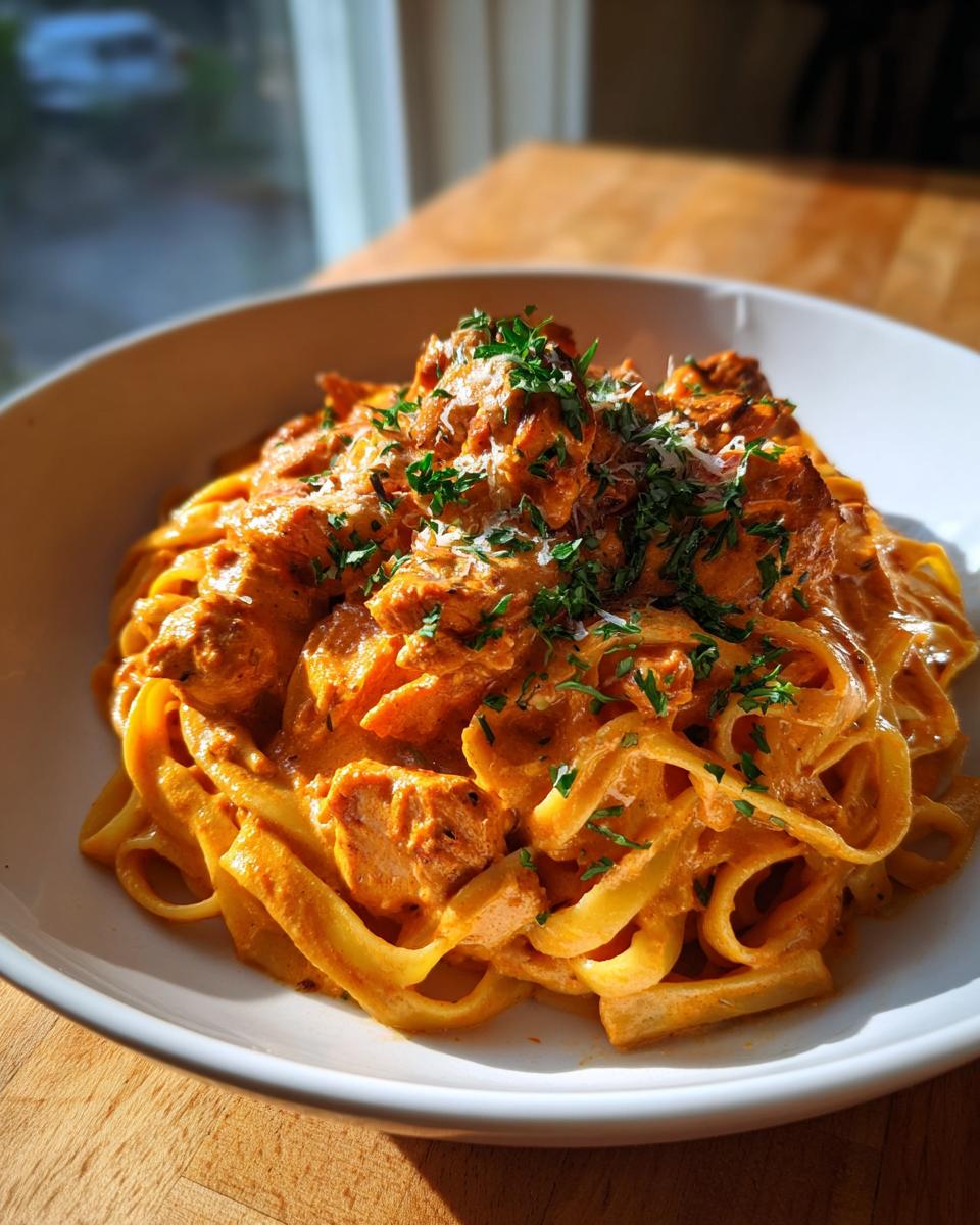Close-up of creamy cajun chicken pasta featuring fettuccine noodles coated in a rich sauce, topped with chicken pieces and fresh parsley.