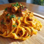 A close-up serving of creamy Cajun chicken pasta featuring fettuccine noodles coated in an orange sauce and topped with seasoned chicken pieces and fresh parsley.