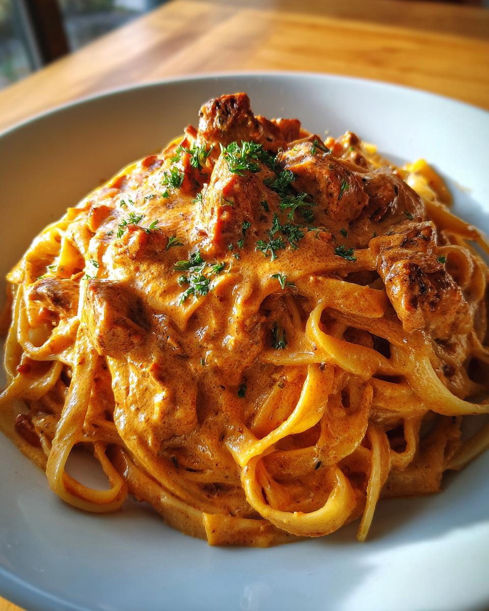 A close-up shot of rich, orange-hued creamy cajun chicken pasta topped with chopped parsley.