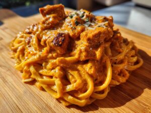 A close-up of rich, orange-hued creamy cajun chicken pasta with chunks of chicken, served on a wooden cutting board.
