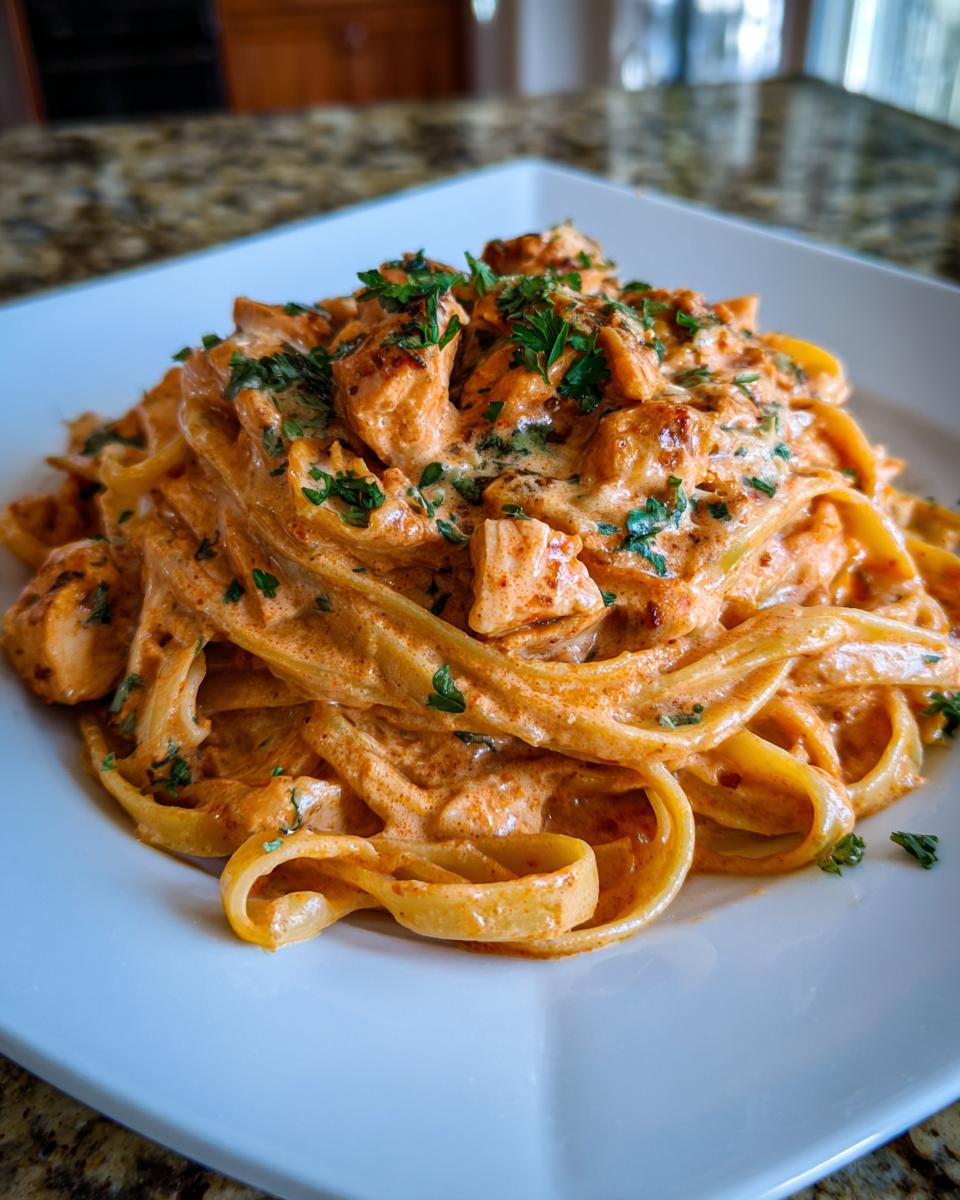 Close-up of creamy cajun chicken pasta featuring fettuccine coated in a rich, orange sauce and topped with diced chicken and fresh parsley.