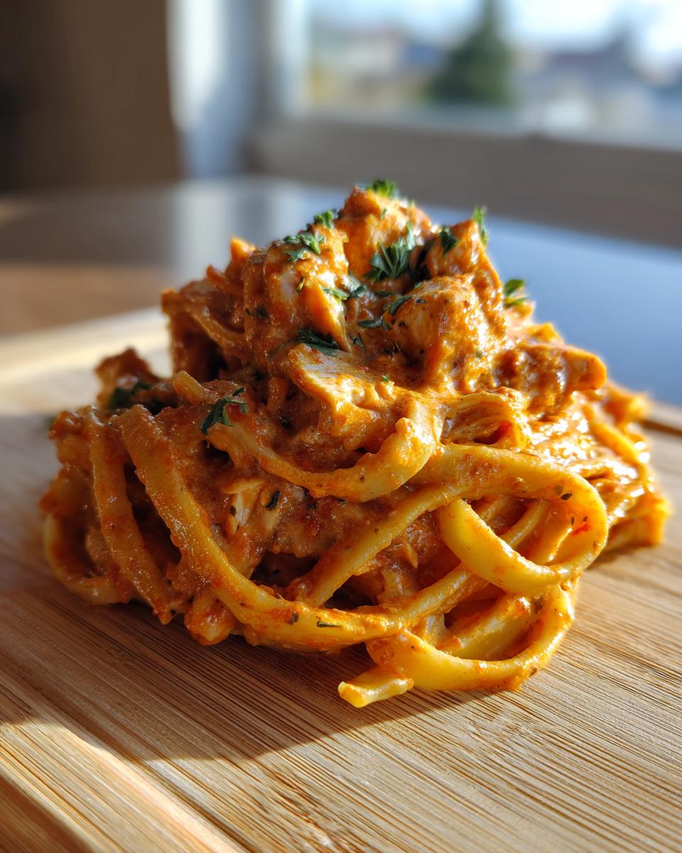 A close-up serving of creamy cajun chicken pasta, featuring fettuccine coated in a rich orange sauce with chicken pieces and parsley.