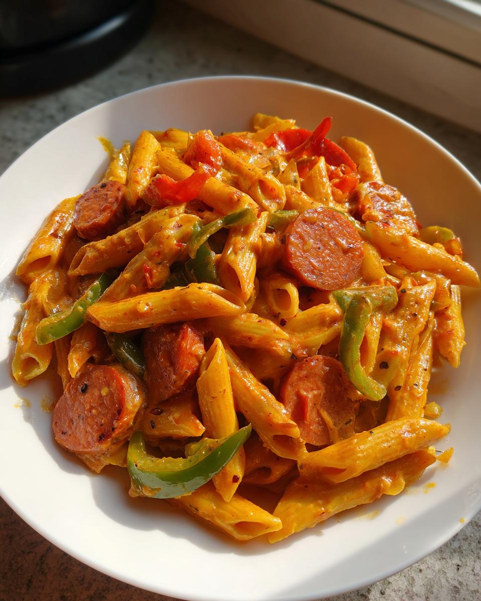 Close-up of a serving of creamy cajun sausage pasta with penne, sliced sausage, and bell peppers in a white bowl.