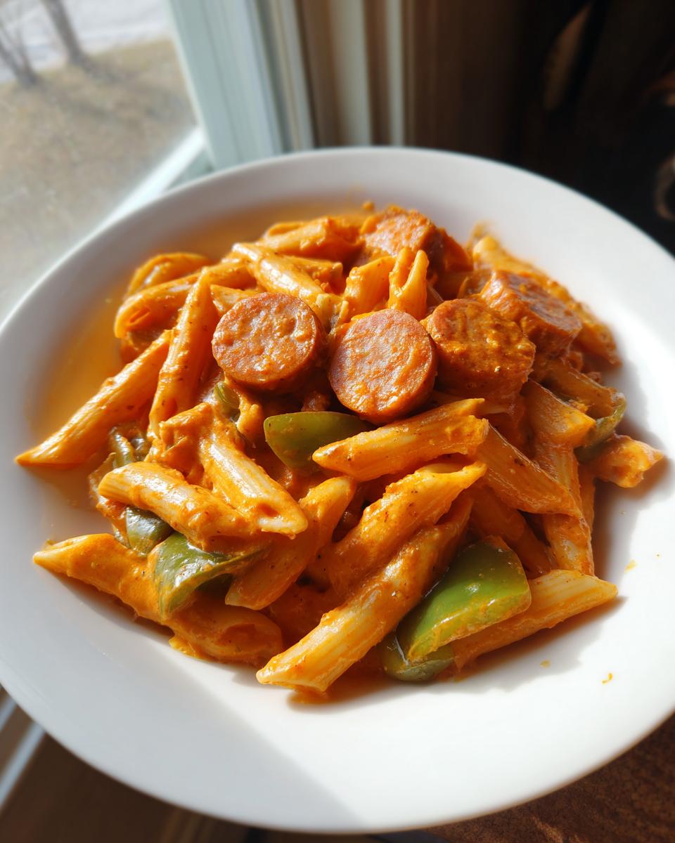 A close-up of a white bowl filled with creamy cajun sausage pasta, featuring penne, sliced sausage, and green bell peppers.