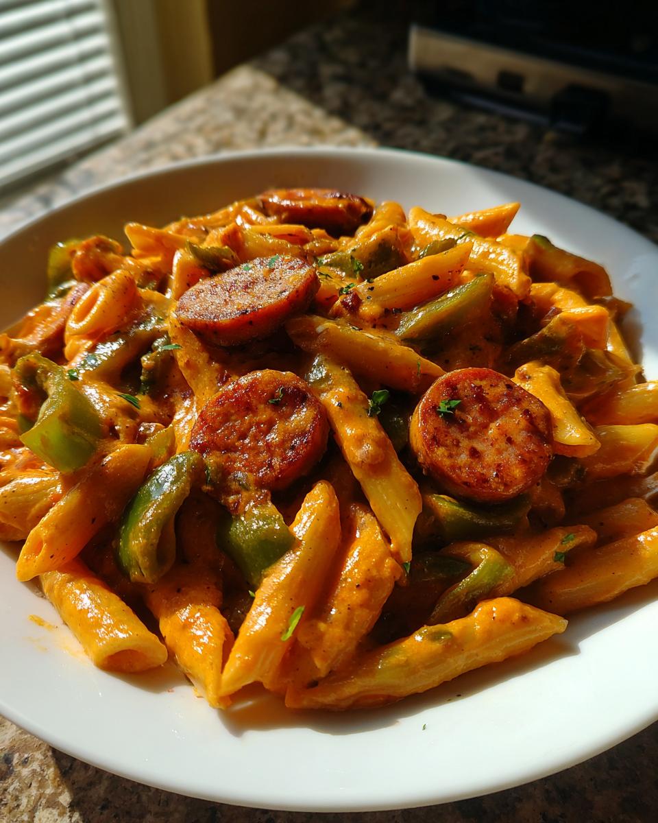 Close-up of a bowl of creamy Cajun sausage pasta featuring penne, sliced smoked sausage, and green bell peppers.