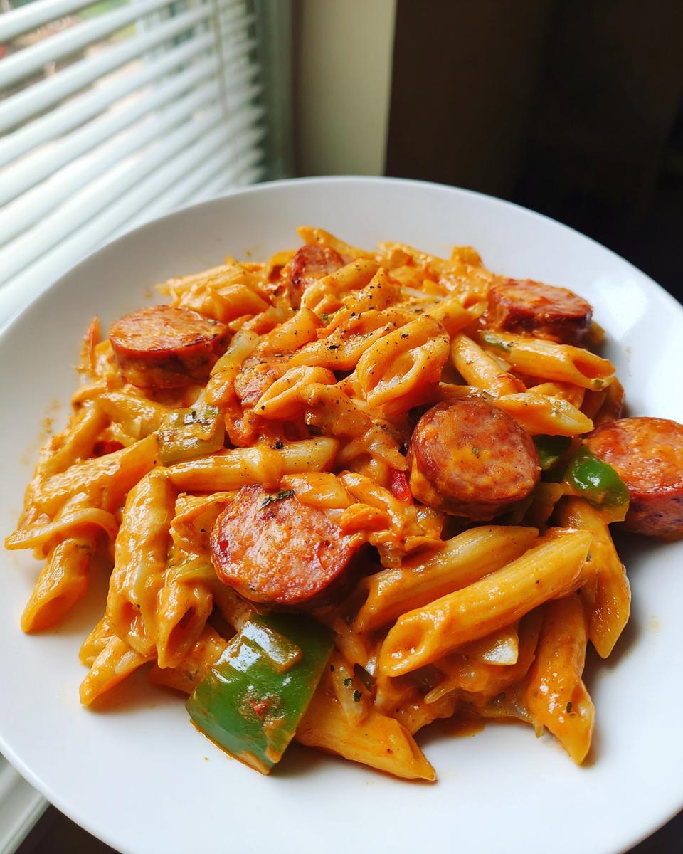 Close-up of a bowl of creamy cajun sausage pasta featuring penne, sliced andouille sausage, and green bell peppers.