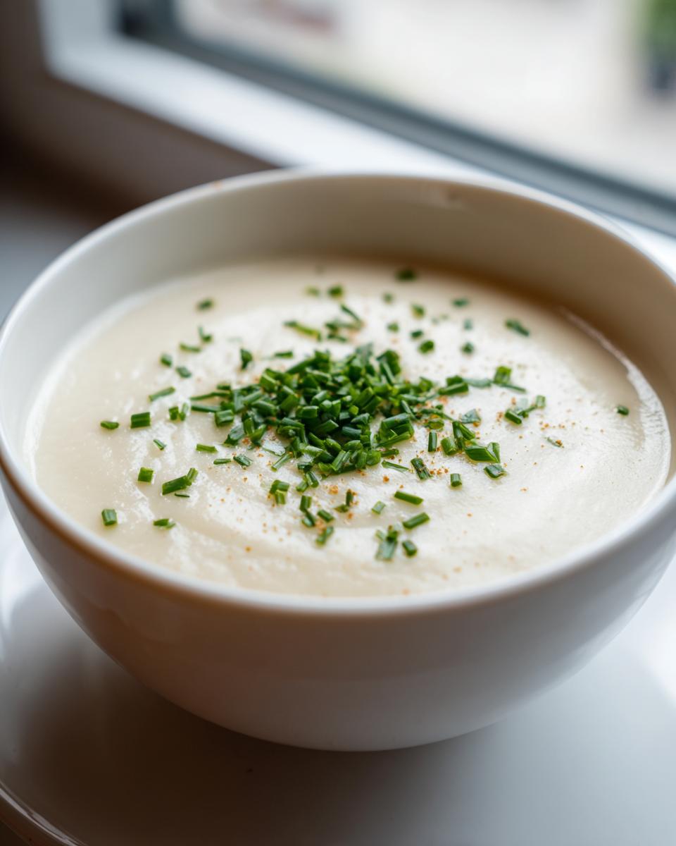 A close-up of a bowl of creamy white cauliflower soup topped with chopped green chives.